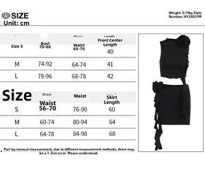 Size chart detail for black flower crop top and high waist bodycon skirt set in cm