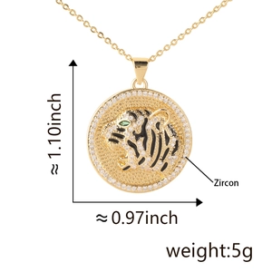Tiger head pendant detail with dimensions 1.10x0.97 inch and zircon inlay specs