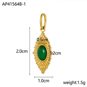 Detail view of 18k gold plated sunburst pendant with green stone and size dimensions