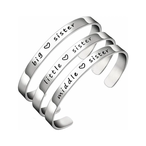 Three-piece stainless steel adjustable cuff bracelets engraved with Big Middle Little Sister