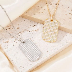 Luxurious iced-out square dog tag pendant necklace in gold and silver finishes