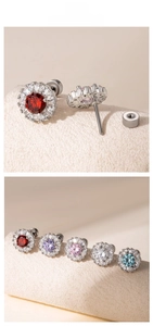 Detailed macro view of screw-back flower stud earrings with vibrant multi-color zircons