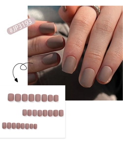 Detail view of matte mocha press-on nails with full 24-piece set layout and wearing effect