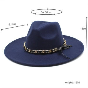 Detailed size chart for the navy wool fedora with 9.5cm wide brim and metal chain trim