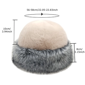 Faux fox fur winter hat for women in beige and grey with size dimensions and cozy lining