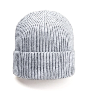 Detailed view of light grey ribbed knit beanie showing soft high-elastic fabric texture