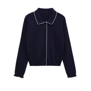 Women Long Sleeve Knit Cardigan Polyester Acrylic Navy Blue White Scalloped Trim Single Breasted Button Up Top