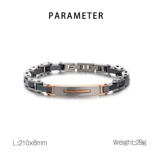 Detail of two-tone silver and rose gold stainless steel link bracelet with measurements
