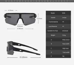 Guía de tallas de gafas de ciclismo 9336 con ancho de lente, altura y largo de patilla