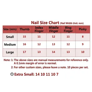 Press-on nails size chart guide with width measurements in mm for XS, S, M, and L sizes
