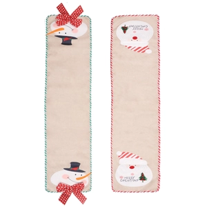 Linen Christmas table runners featuring festive Santa Claus and snowman patterns