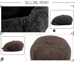 Detail of herringbone wool fabric and elastic back on vintage style newsboy caps