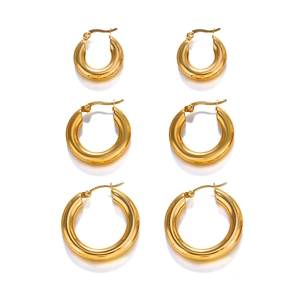 Polished 18K gold-plated stainless steel thick hoop earrings in three various sizes