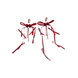 Boucles d'oreilles nœud rouge avec perles, glands en cristal et rubans en velours