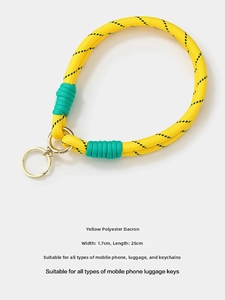 Detail eines 1,7cm gelben geflochtenen Polyester-Lanyards mit grünem Faden und Goldring