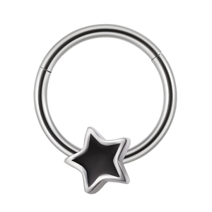 Polished stainless steel septum ring featuring a black star pendant on a silver hoop
