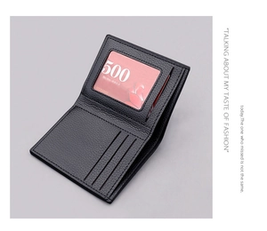 Close-up of black leather wallet interior featuring clear ID window and card slots