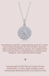 Macro detail of D-color Moissanite round halo pendant in S925 sterling silver