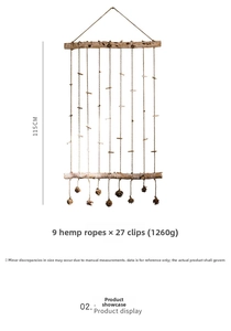 Hanging wooden photo display with jute ropes, clips and natural pine cones decoration