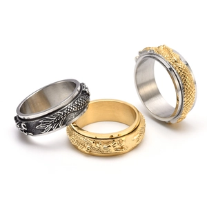 Rotating stainless steel dragon ring for men in silver, gold, and two-tone finishes