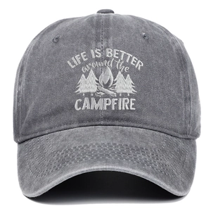 Detail of campfire embroidery and Life is Better quote on dark gray cotton baseball cap