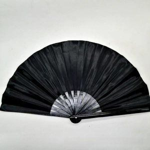 Detailed view of an open black 10-inch folding fan with a glossy satin finish and bamboo ribs
