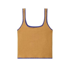 Flat lay of knit camisole top in camel and purple contrast crochet embroidery trim