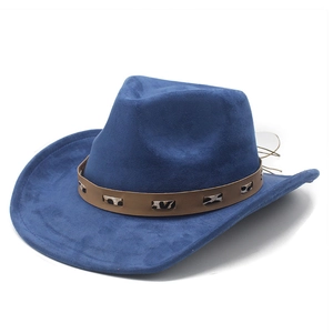 Detailed view of blue faux suede cowboy hat with leopard print band and wide brim