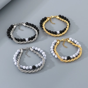 Men's double-layer bracelet with black matte beads and gold metal twist chain link