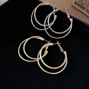 Double Layer Geometric Hoop Earrings Metal Textured Smooth Round Fashion Jewelry With 925 Sterling Silver Earring Post
