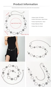 Silver metal waist chain details featuring hollow flowers, rings, and adjustable clasp