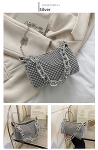 Detailed views of a silver rhinestone handbag featuring crystal mesh and chain strap