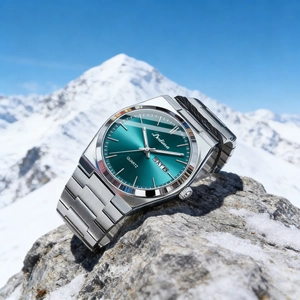 Detailed macro view of Dedima green sunray dial with double day-date window on snow rock