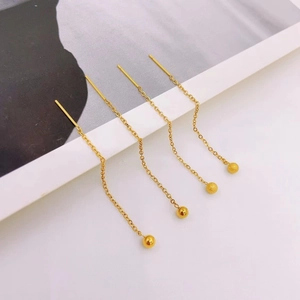 Minimalist Titanium Steel 18K Gold Plated Long Tassel Ear Threaders For Women Elegant Smooth Frosted Ball Drop Earrings