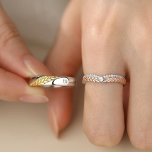 S925 Sterling Silver Wheat Ear Couple Rings For Men Women Fashion Rhinestone Inlaid Adjustable Open Finger Ring Valentine's Day Jewelry Gift