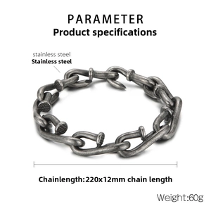 Detail view of vintage stainless steel nail chain bracelet with 220x12mm dimensions