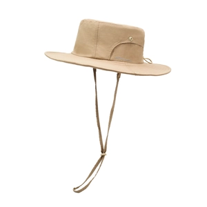 Outdoor khaki wide-brim sun hat with breathable mesh and adjustable chin strap