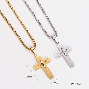 Cross Pendant Necklace 304 Stainless Steel Double Layer Grid Texture Box Chain Religious Gothic Jewelry For Men Women