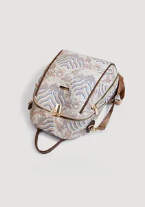 Detail view of New Chinese style backpack with traditional wave print and brown leather straps
