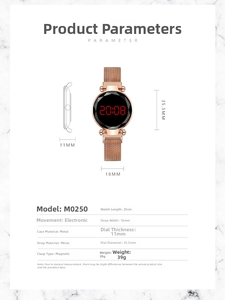Detailed specifications of the rose gold LED watch with magnetic buckle and steel band