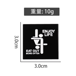 Cartoon metal enamel pin with 'Enjoy Life' text, size 3.0cm x 3.0cm, weighing 10g
