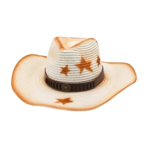 Cappello Da Cowboy In Paglia Western Con Stampa Stelle Fascia In Pelle Fibbia Testa Di Toro Tesa Larga Sole Spiaggia