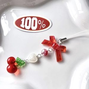Handmade red cherry and bowknot charm keychain with beads for bags and phones