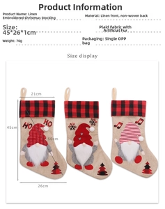 Detailed size chart for linen Christmas stockings with cute gnome and grid patterns