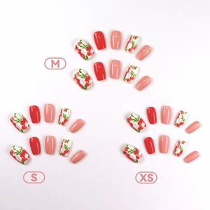 Floral leaf pattern press-on nail kit with red and coral glossy finish in M S XS sizes