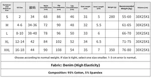 Größentabelle für High-Waist-Jeansshorts mit US/EU-Maßen und Angaben zur Materialzusammensetzung