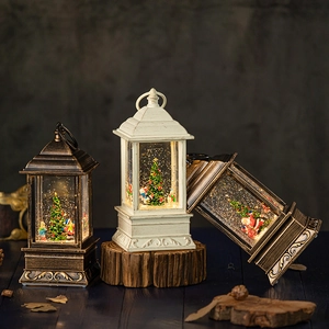 Retro Christmas lantern with LED light and Santa Claus scene in bronze and cream finish