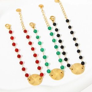 Exotic stainless steel bracelet with natural agate beads and sunburst metal pendants