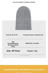 Detailed size specifications for grey knitted balaclava showing dimensions 40x22cm