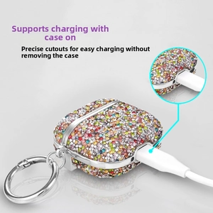 Close-up of sparkling rhinestone AirPods case with precise charging port cutout